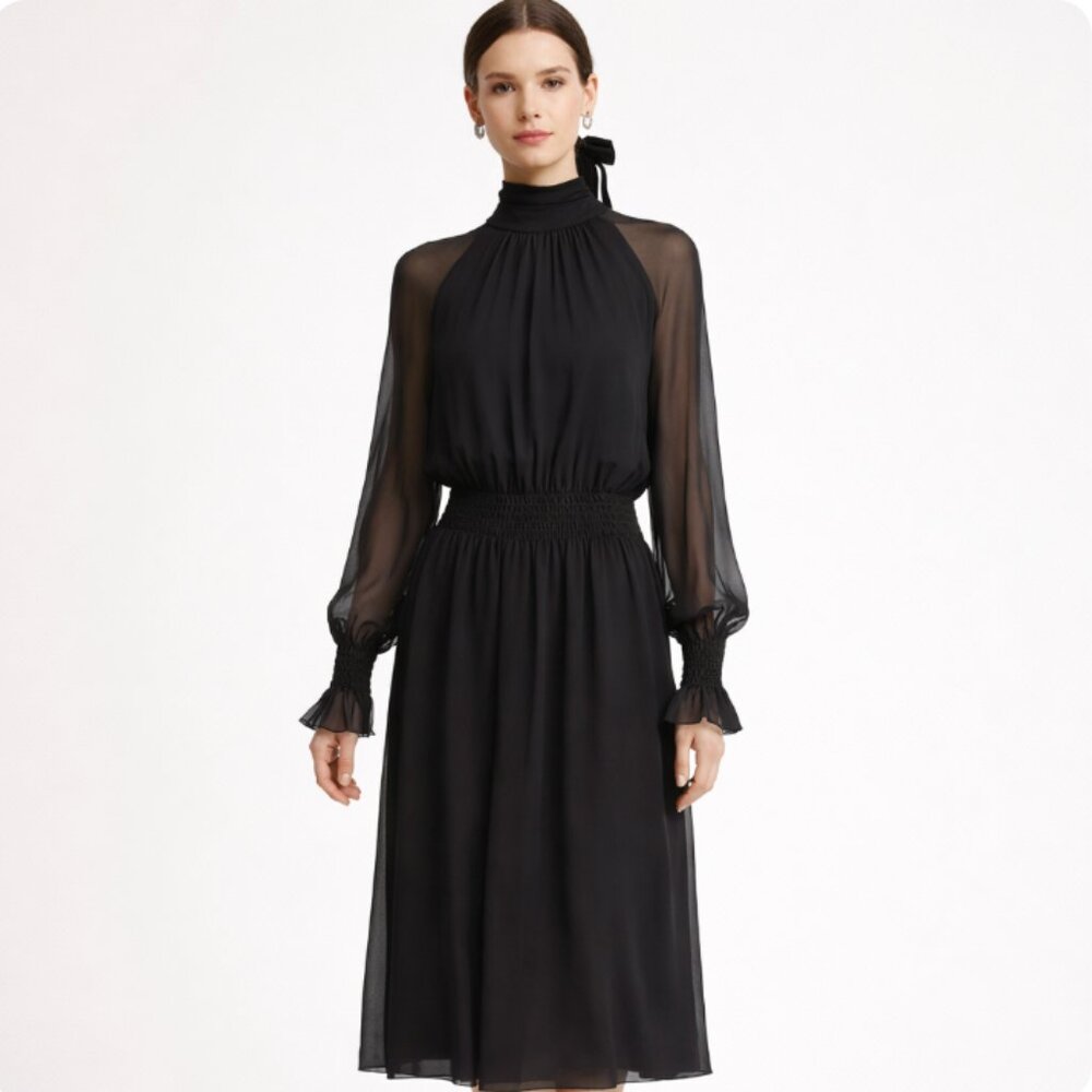 Tory Burch Colette Black Silk Chiffon Sheer Long Sleeve Midi Dress size 6
